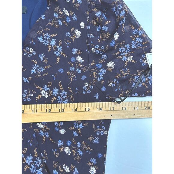 1.State Women Small Blue Floral Chiffon Blouse Top L/S Tie Waist V-neck Career - Picture 7 of 10